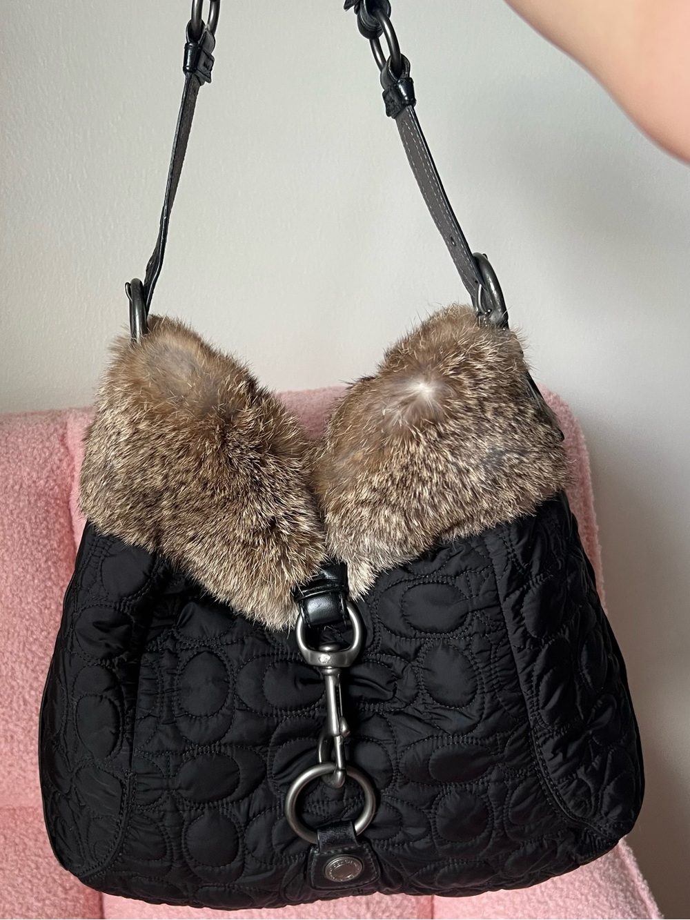 Vintage Coach Quilted Nylon Shoulder Bag with Fur Trim